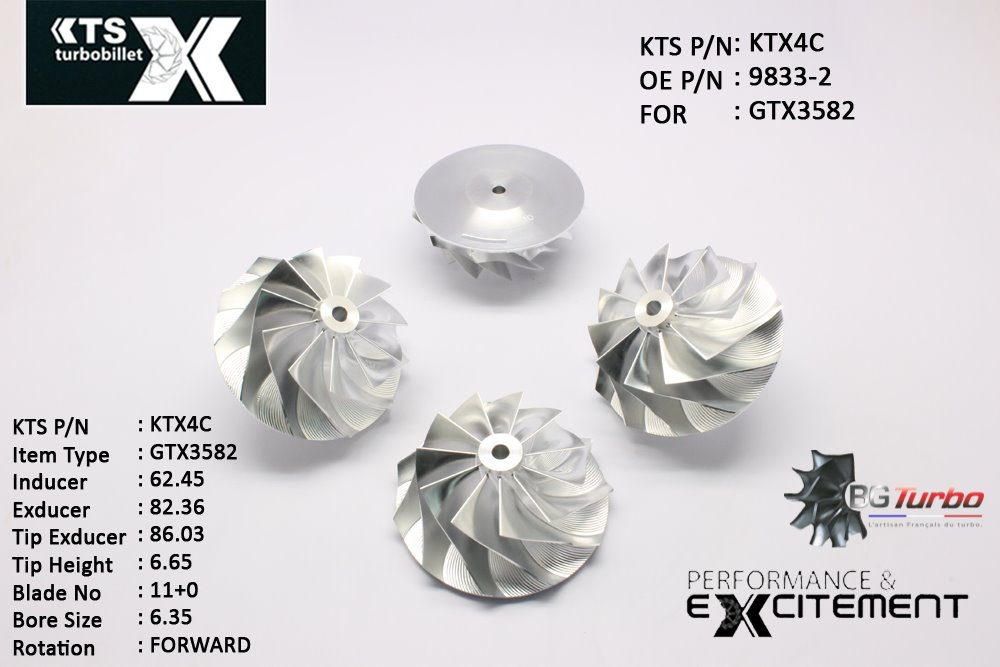 Turbo ROUE FORGÉE MFS PERFORMANCE - 11+0 PALES - INDUCER : 62,45 - EXDUCER : 82,36 - TYPE : GTX3582ANGLE : 45° - ROTATION : Forward - SUPER BACK : 2,3497 - BORE SIZE : 6,35
